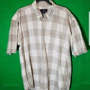 Point West Linen Blend Button Up Shirt Mens Large Tan Short Sleeve, Beach Island